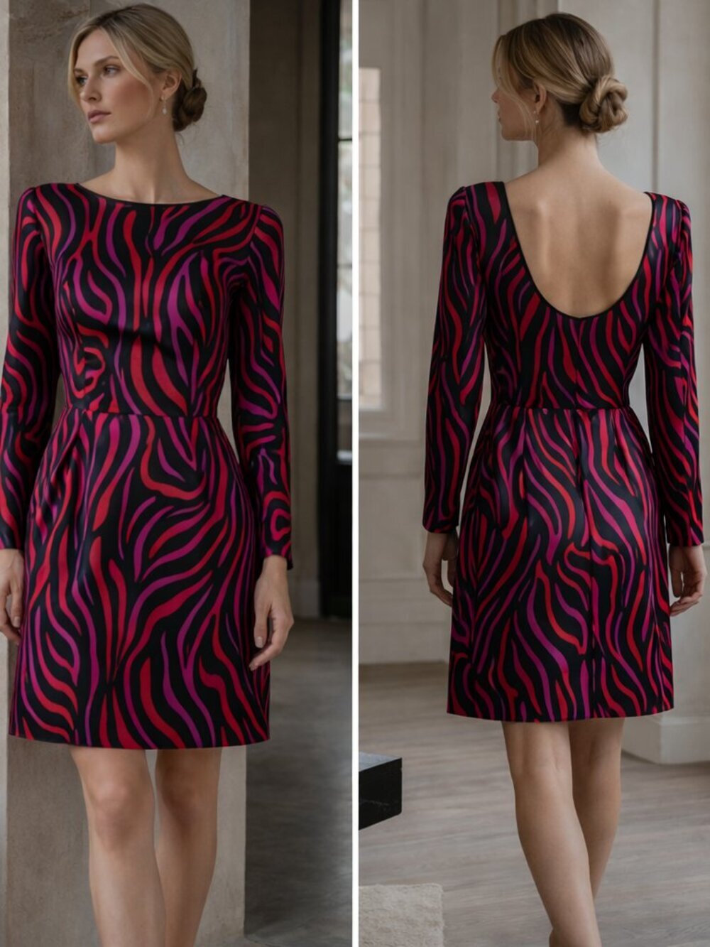 Vintage 80s Stanley Platos Silk Satin Zebra Print Dress Open Back Cocktail XS
